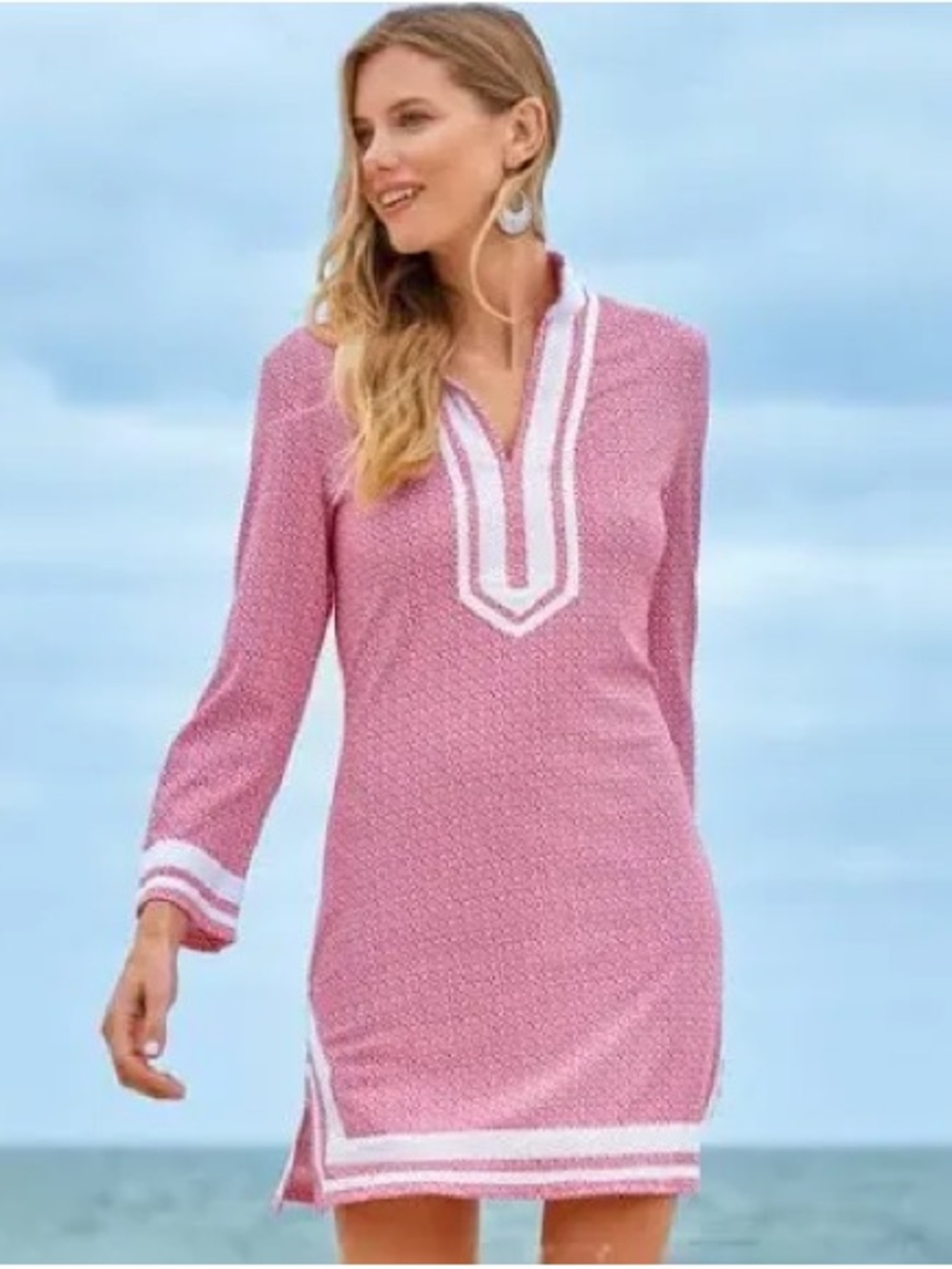 Cabana Life Pink Tunic Swim Cover-Up with White Trim
